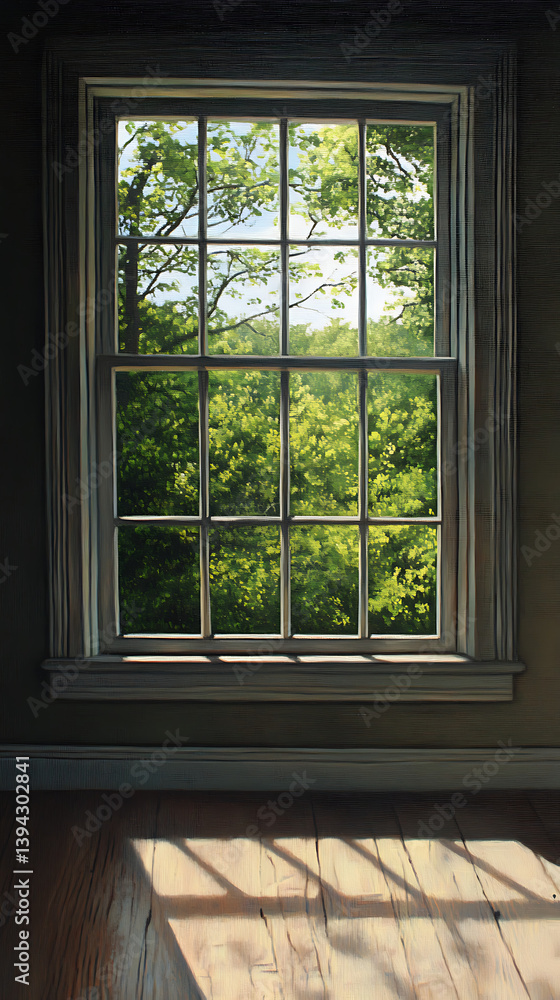 Fototapeta premium Sunlight streams through window to lush forest