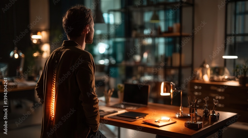 Contemplative man gazing at modern office workspace at night Contemplative man gazing at modern office workspace at night