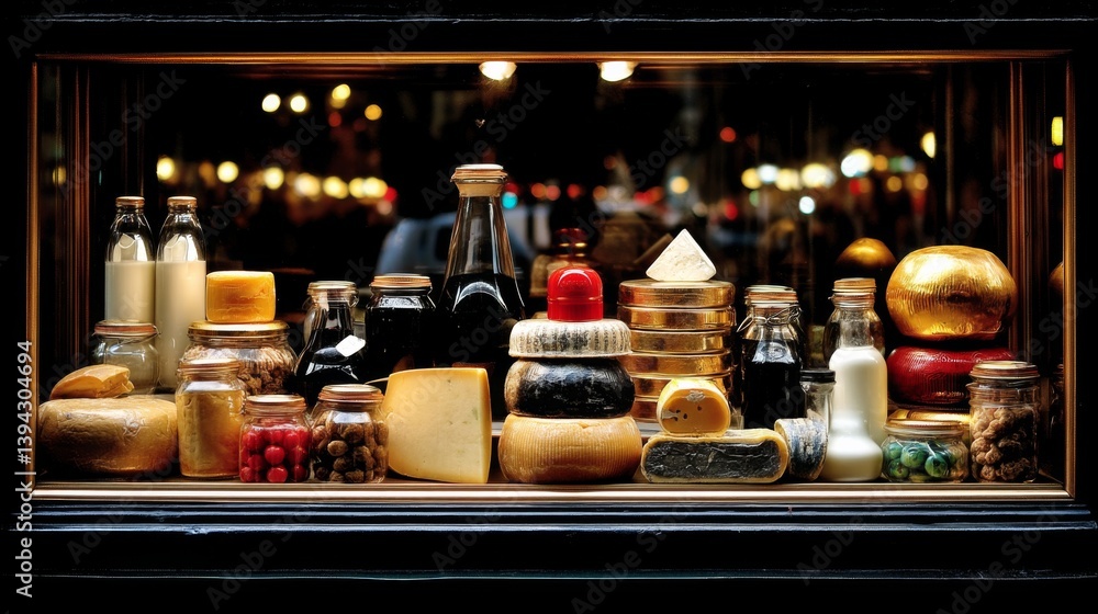 A vibrant display of various cheeses and condiments in a shop window