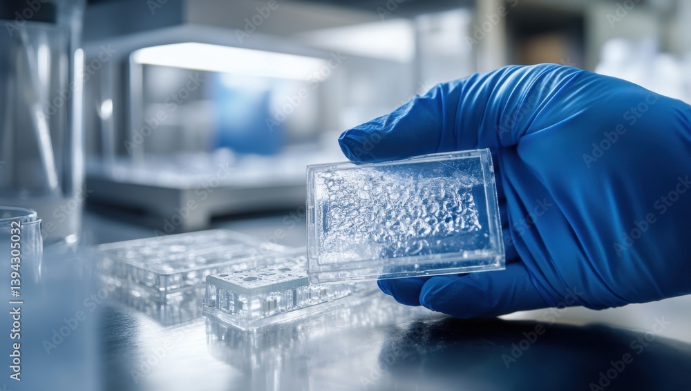 Clear plastic lab plates held by gloved hand Clear plastic lab plates held by gloved hand