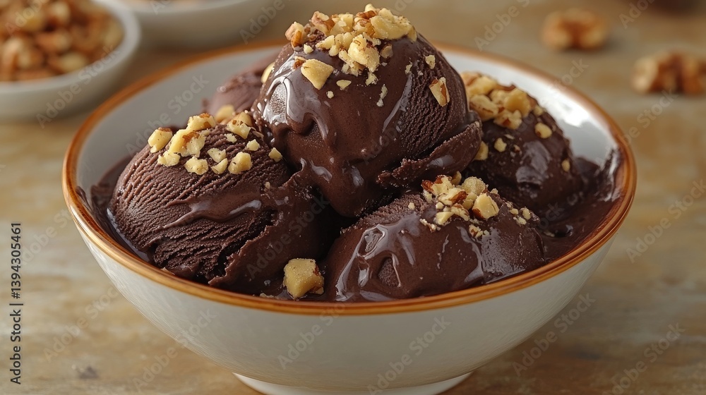 Decadent chocolate ice cream scoops topped with crunchy walnuts in a stylish bowl for a delicious dessert experience Decadent chocolate ice cream scoops topped with crunchy walnuts in a stylish bowl for a delicious dessert experience