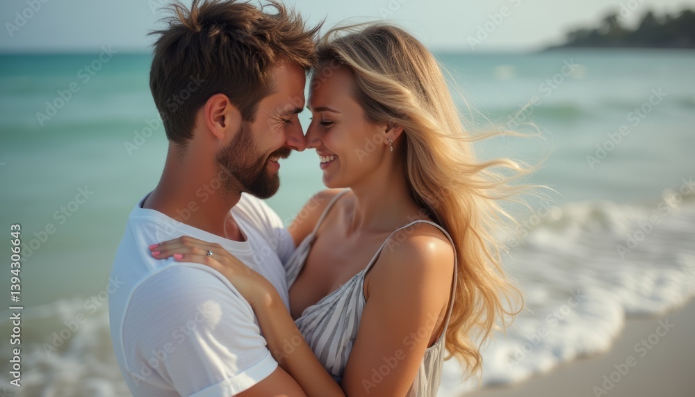 A radiant couple stands close together on a sunlit beach, their foreheads touching as they share a tender smile. The gentle waves lap at their feet, creating a serene backdrop that enhances the warmth