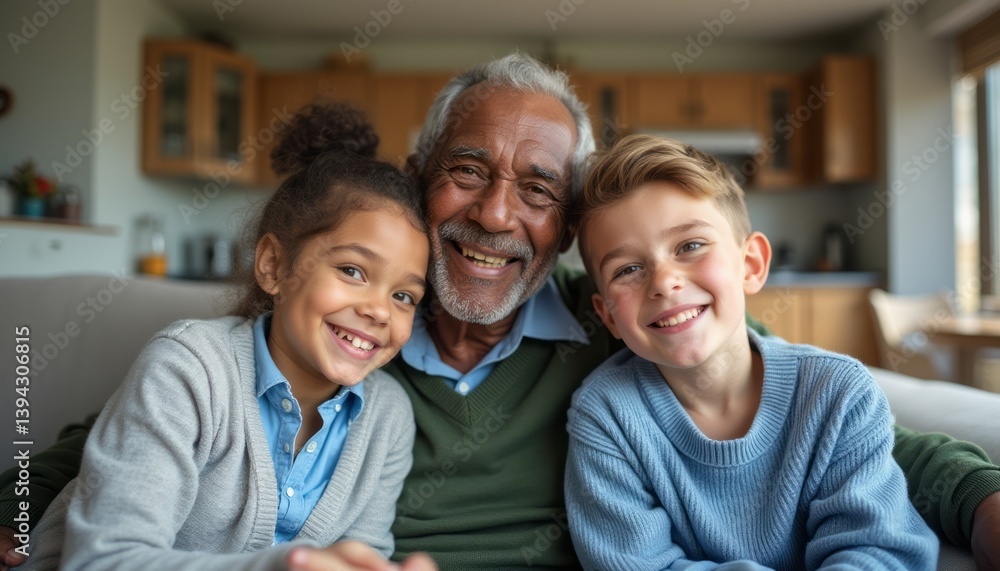 A heartwarming scene captures a joyful grandfather surrounded by his two smiling grandchildren, radiating love and happiness. The cozy living room setting, filled with warm light, enhances the bond A heartwarming scene captures a joyful grandfather surrounded by his two smiling grandchildren, radiating love and happiness. The cozy living room setting, filled with warm light, enhances the bond