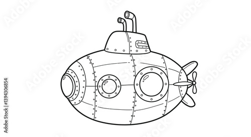 Submarine in The Depth: A black and white illustration of a detailed submarine, designed to explore the ocean.