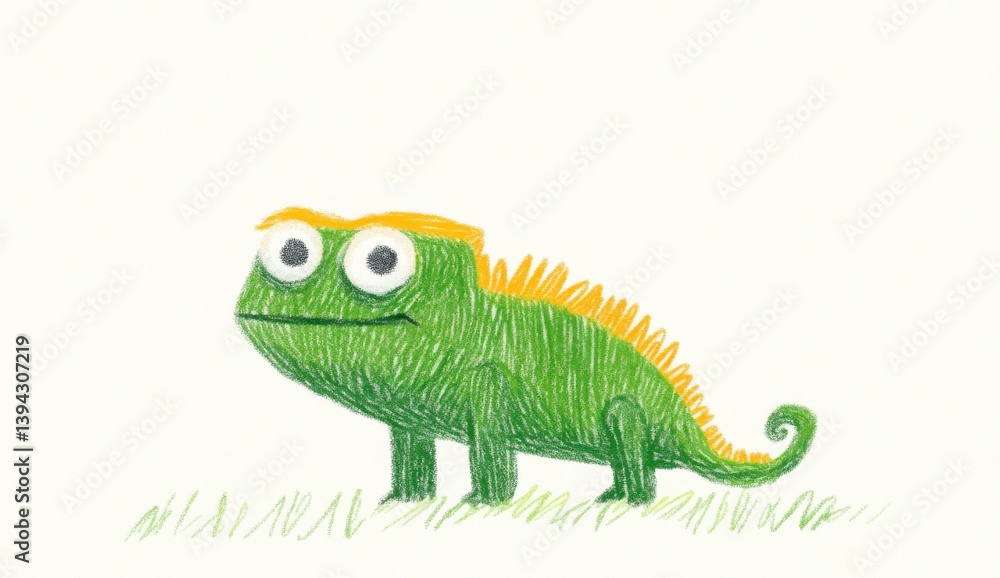 Fototapeta premium Playful green lizard illustration, textured style, on white background, short grass, large eyes, yellow crest