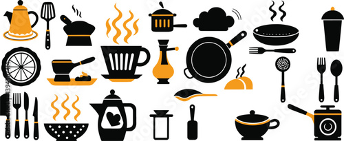 Vibrant kitchenware icon set with frying pans, cups, and rolling pins designed in playful, colorful shapes.