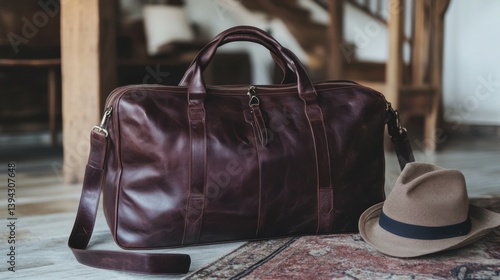 Vacation concept, large classic brown leather travel bag with hat
