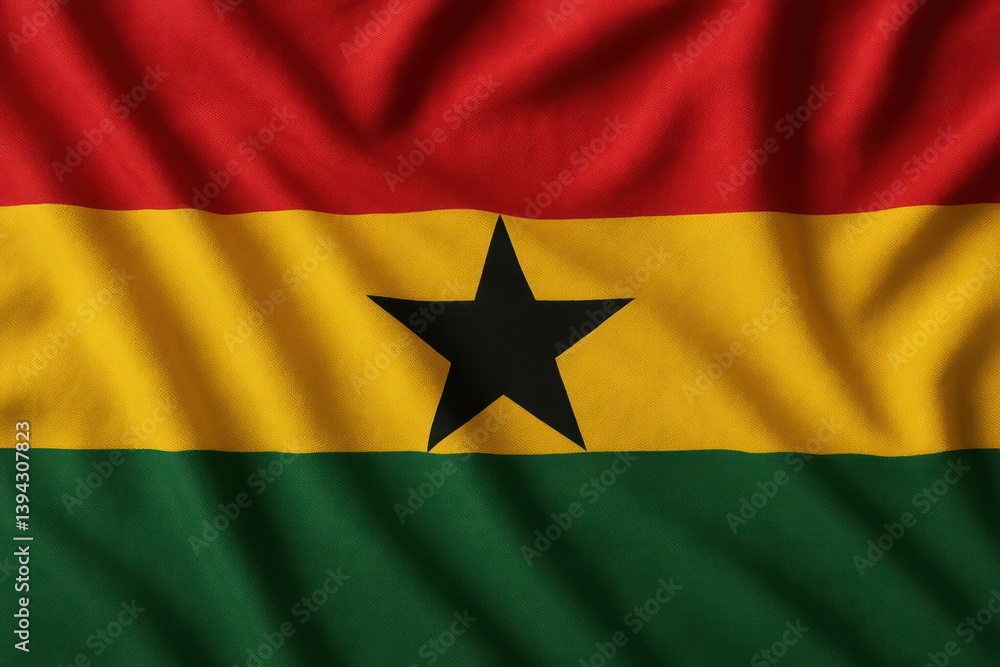 The national flag of Ghana is waving, featuring red, yellow, and green horizontal stripes with a black star in the center. Concept of: Ghanaian Pride. The national flag of Ghana is waving, featuring red, yellow, and green horizontal stripes with a black star in the center. Concept of: Ghanaian Pride.