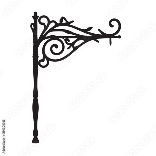 Ornate wrought iron sign bracket in black silhouette design  