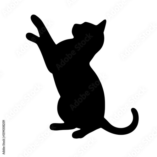 Silhouette of a cat reaching playfully against a white background  