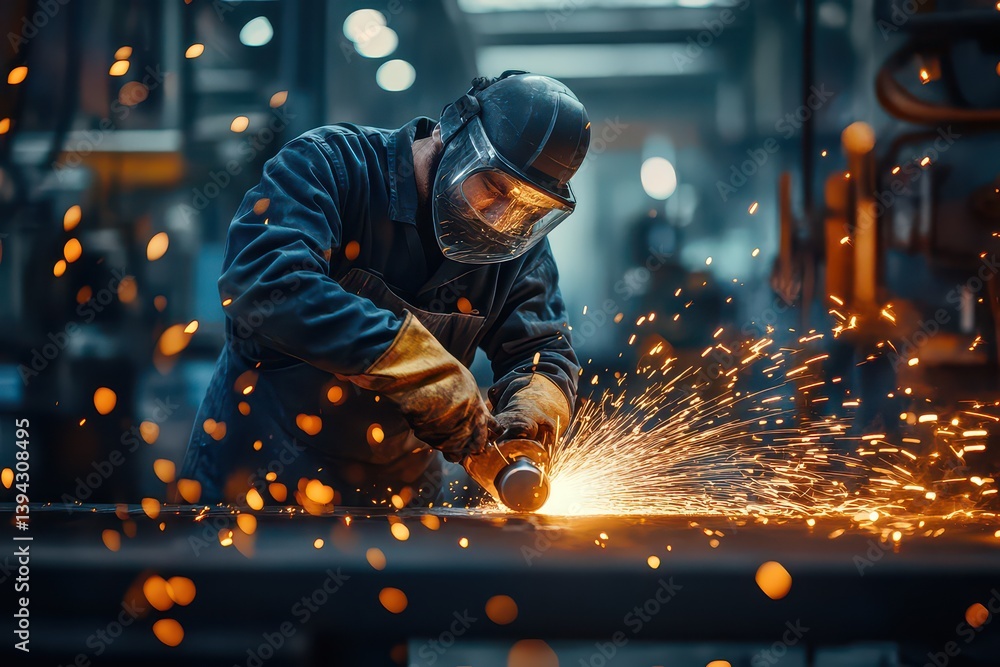 Skilled worker grinding metal, creating sparks in a busy industrial workshop environment Skilled worker grinding metal, creating sparks in a busy industrial workshop environment
