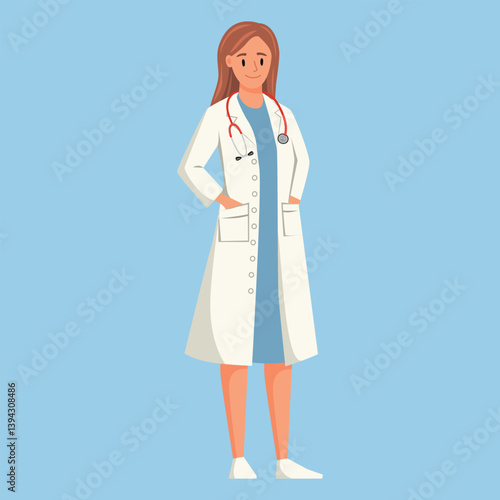 Cute woman doctor in white coat. Flat vector illustration on blue background.