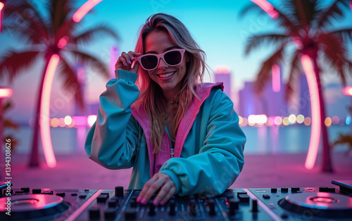 A female DJ with a cool, laid-back Miami vibe, poster for retro style 90s party