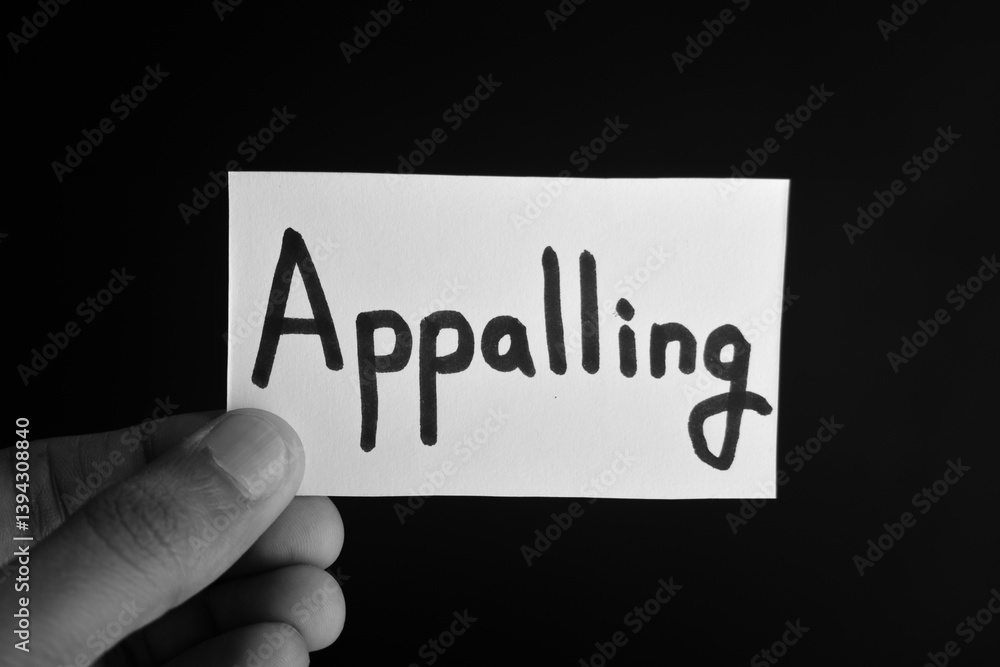 Naklejka premium Hand holding a paper card with the word APPALLING