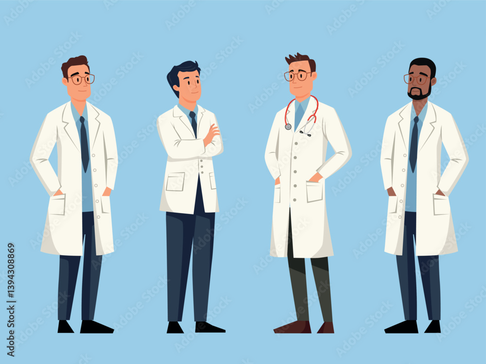 Set of cute kind men doctors on blue background. Vector illustrations. Set of cute kind men doctors on blue background. Vector illustrations.
