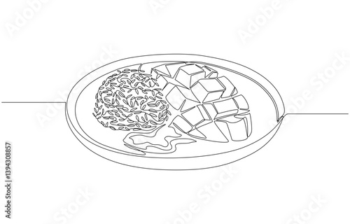 Continuous one line drawing of mango sticky rice on plate, national dessert concept, single line art