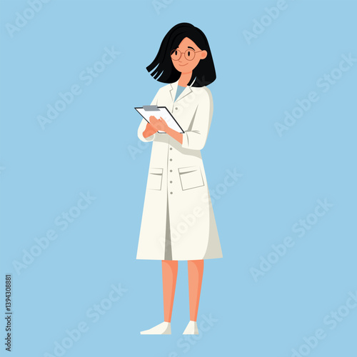 Cute woman doctor in white coat. Flat vector illustration on blue background.