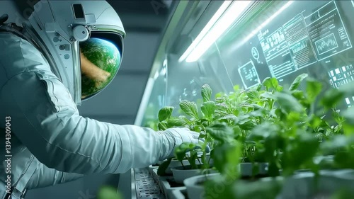 Astronaut Tending Plants in Futuristic Greenhouse