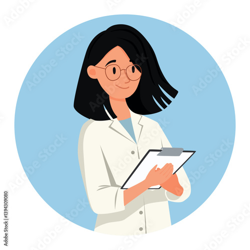Cute woman doctor in white coat. Flat vector illustration on blue background.