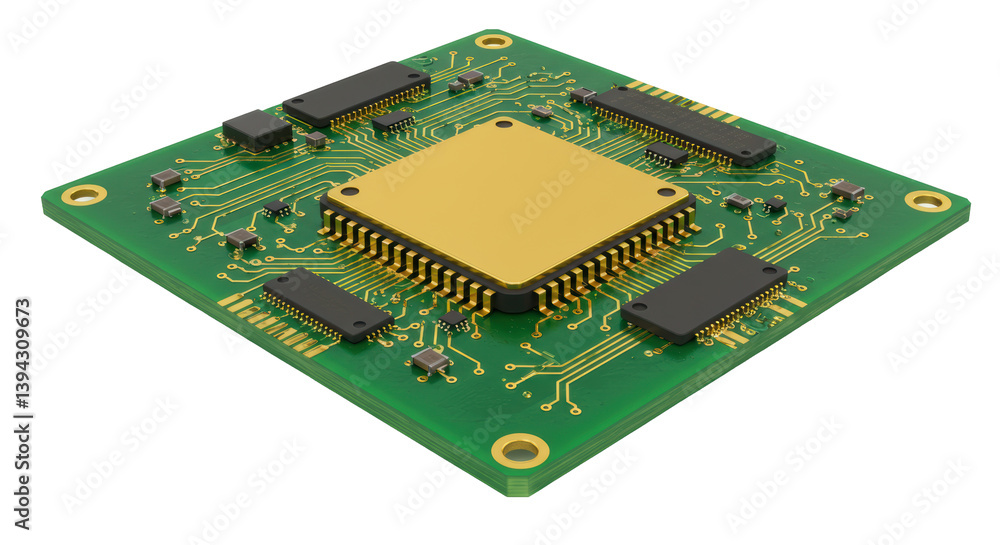 Isolated Golden CPU Chip on Green Circuit Board Isolated Golden CPU Chip on Green Circuit Board