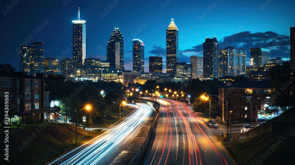 Obraz premium A high-angle shot of a city skyline at night with glowing streetlights and car lights.