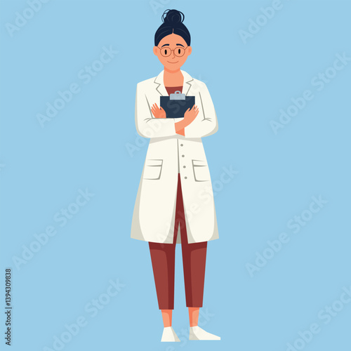 Cute woman doctor in white coat. Flat vector illustration on blue background.