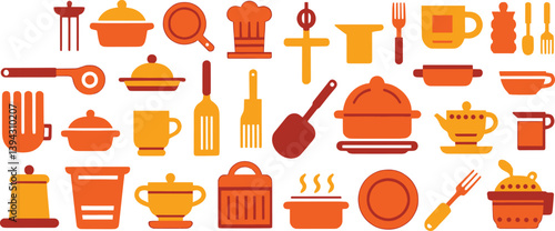 Colorful kitchen utensil icons set featuring knives, pots, and cups in bold flat style for culinary, design, and cooking apps.