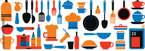 Colorful kitchen utensil icons set featuring knives, pots, and cups in bold flat style for culinary, design, and cooking apps.