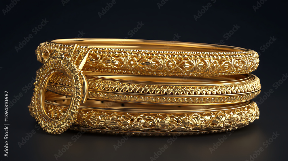 Gold bangles stacked, intricate design, dark background Gold bangles stacked, intricate design, dark background