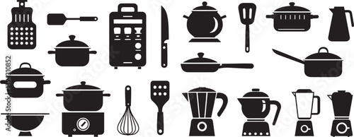Colorful kitchen utensil icons set featuring knives, pots, and cups in bold flat style for culinary, design, and cooking apps.