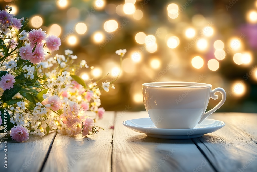 Fototapeta premium Romantic Evening Tea Cup with Flowers and Lights