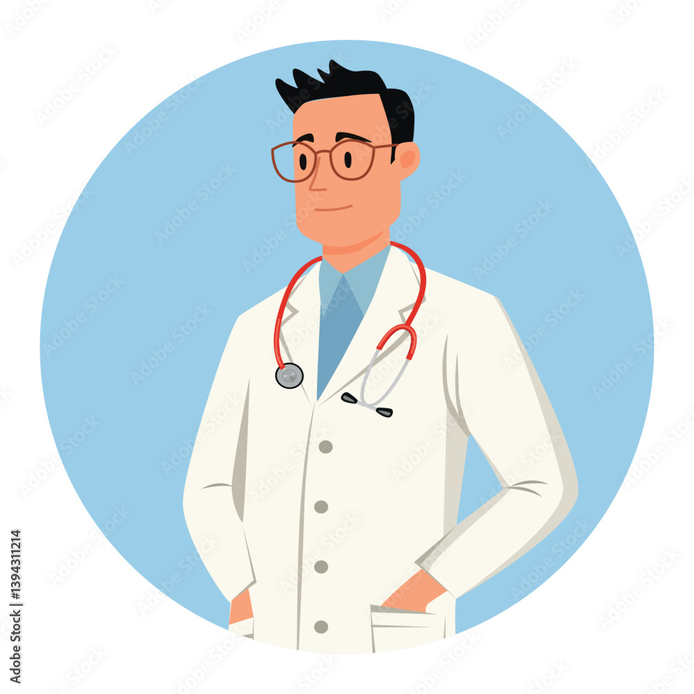 Fototapeta premium Cute man doctor in white coat. Flat vector illustration on blue background.