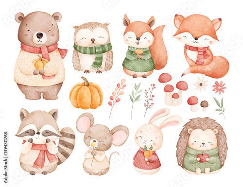 Watercolor Illustration Cute Woodland Animals in Autumn Season with Pumpkins and Leaves