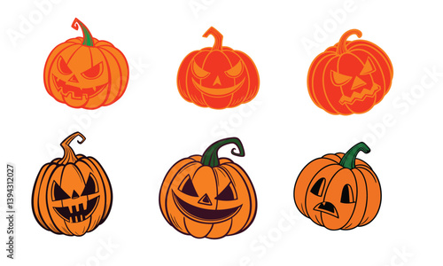 Scary Pumpkin Faces Vector Set, Halloween Jack O Lantern Illustration Collection.