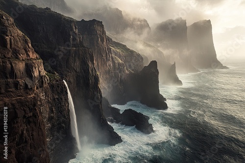 Fototapeta Naklejka Na Ścianę i Meble -  Dramatic coastal cliffs with waterfall