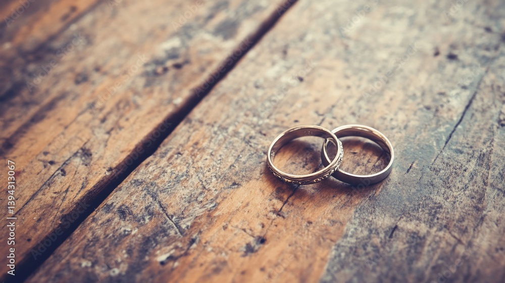 Two wedding bands on a rustic wooden table Two wedding bands on a rustic wooden table