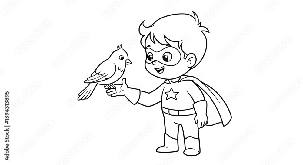 Child Superhero Befriends Bird Coloring Page - Gentle Interaction Line Art for Kids