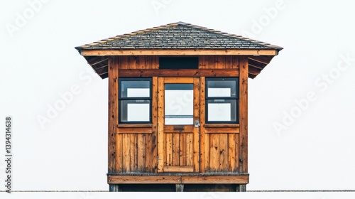 Wooden guardhouse stands alone on a distant shoreline during foggy morning hours