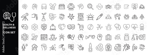 Medical and Pharmaceutical icon set with stethoscope, syringe, pill, medical cross, heart, bandage, thermometer, medical bag, hospital, doctor icon. Simple flat vector , Health & Wellness  icon set 