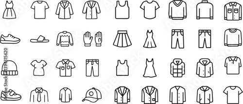 Minimalist Clothing Icons Set Black and White Line Art Fashion Symbols PNG