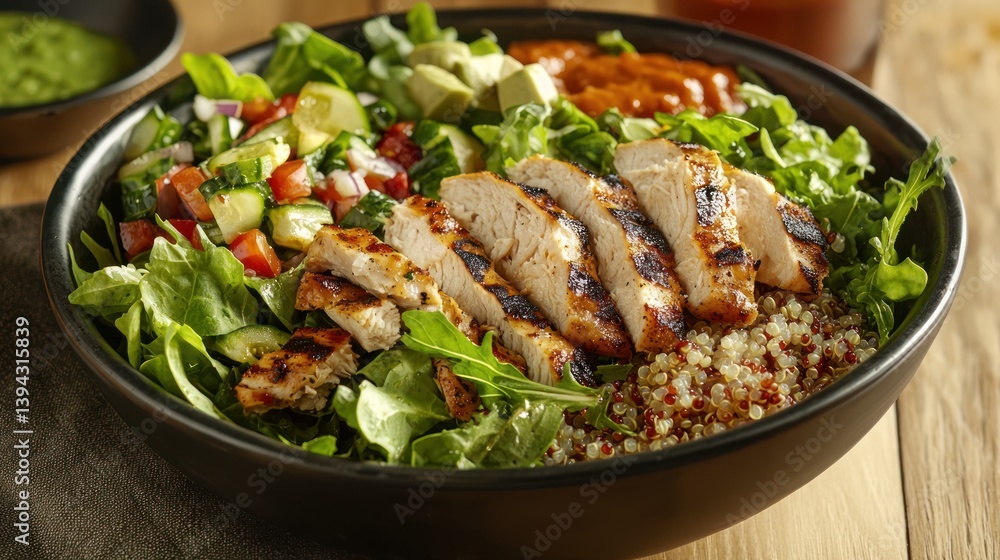 A fresh salad with leafy greens, quinoa, and grilled chicken in a bowl. A fresh salad with leafy greens, quinoa, and grilled chicken in a bowl.