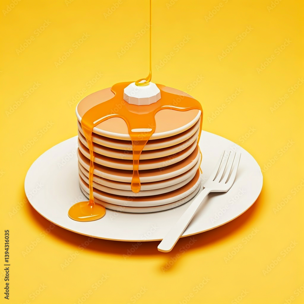 Origami style, 3D, breakfast, stack of pancakes, golden syrup on yellow background Origami style, 3D, breakfast, stack of pancakes, golden syrup on yellow background