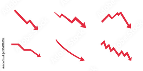 A Set of Red arrow going down stock icon. Statistic and data, bankruptcy, financial crisis, money loss, down arrow, economy reduction .Downtrend symbol. Chart going down sign on white background
