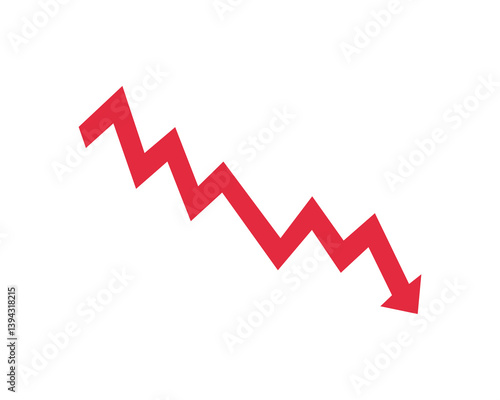 Red arrow going down stock icon. Statistic and data, bankruptcy, financial crisis, money loss, down arrow, economy reduction . Graph chart downtrend symbol. Chart going down sign on white background
