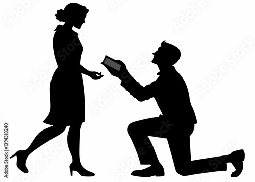Man kneeling and proposing to a woman vector silhouette.
