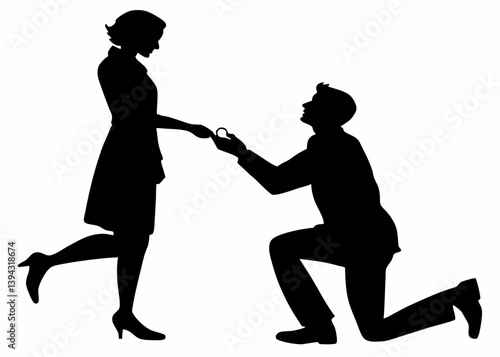 Man kneeling and proposing to a woman vector silhouette.
