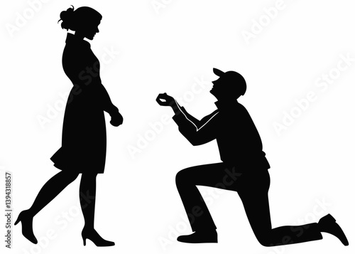 Man kneeling and proposing to a woman vector silhouette.