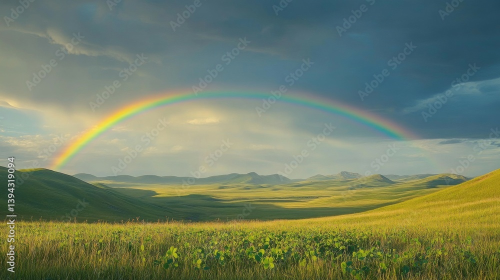Fototapeta premium Vibrant Rainbow over Rolling Green Hills and Fields
