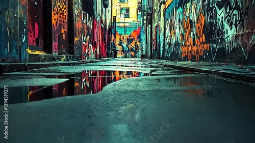 Vibrant urban alleyway reflecting colorful graffiti and buildings, showcasing street art culture
