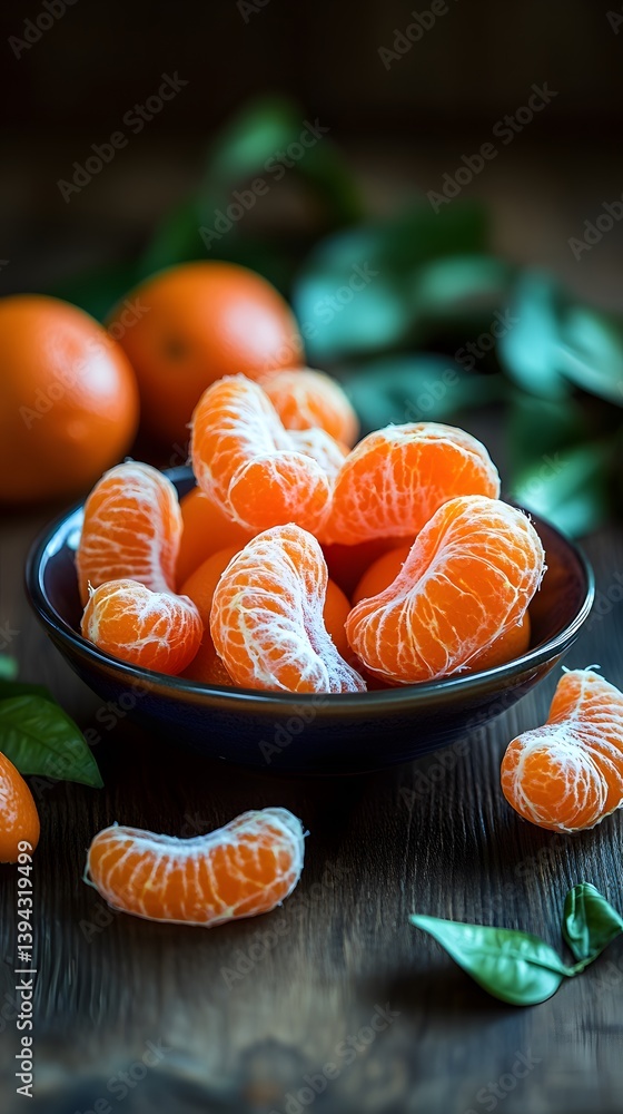 Delicious Peeled Mandarin Oranges in Bowl, Dark Wood Background Delicious Peeled Mandarin Oranges in Bowl, Dark Wood Background